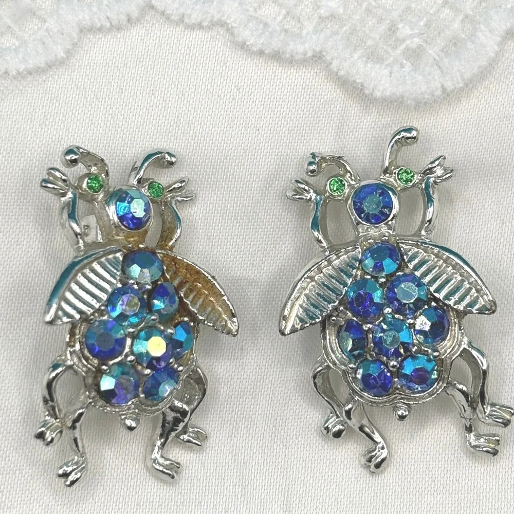 Vintage Rhinestone Ladybug Brooch Pin Set Blue Green Silver‎ Tonen